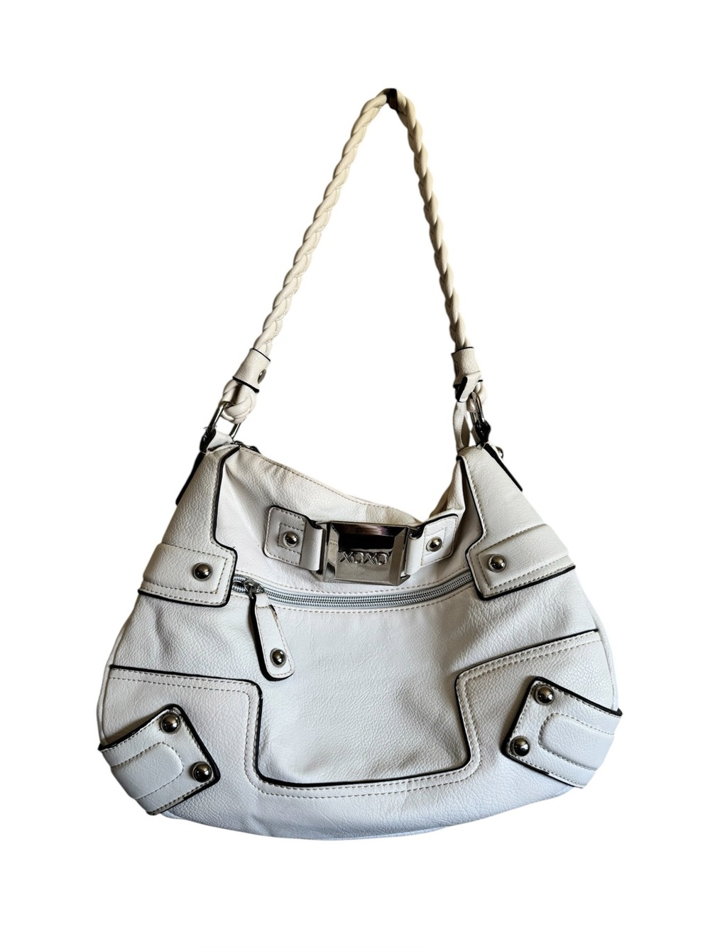 XOXO White Braided Handle Hobo Bag with Silver Hardware